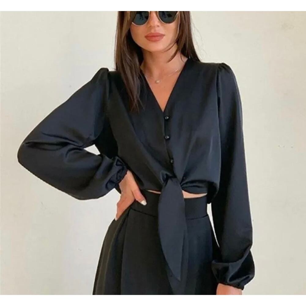 Commense NWT Black Satin Crop Blouse with Front Tie Night Out Minimalist Size S